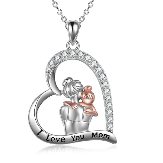 Sterling Silver Two-tone Mother & Daughter Heart Pendant Necklace Engraved I Love You Forever