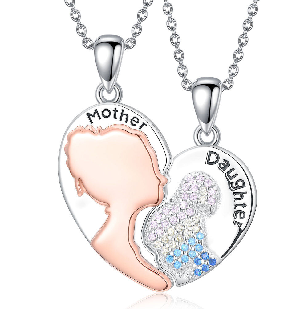 Sterling Silver Two-tone Mother & Daughter & Heart Pendant Necklace-1