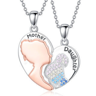 Sterling Silver Two-tone Mother & Daughter & Heart Pendant Necklace-7