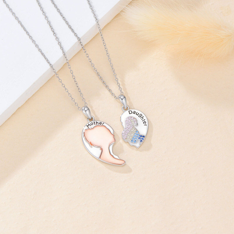 Sterling Silver Two-tone Mother & Daughter & Heart Pendant Necklace-2