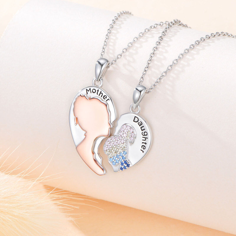 Sterling Silver Two-tone Mother & Daughter & Heart Pendant Necklace-3