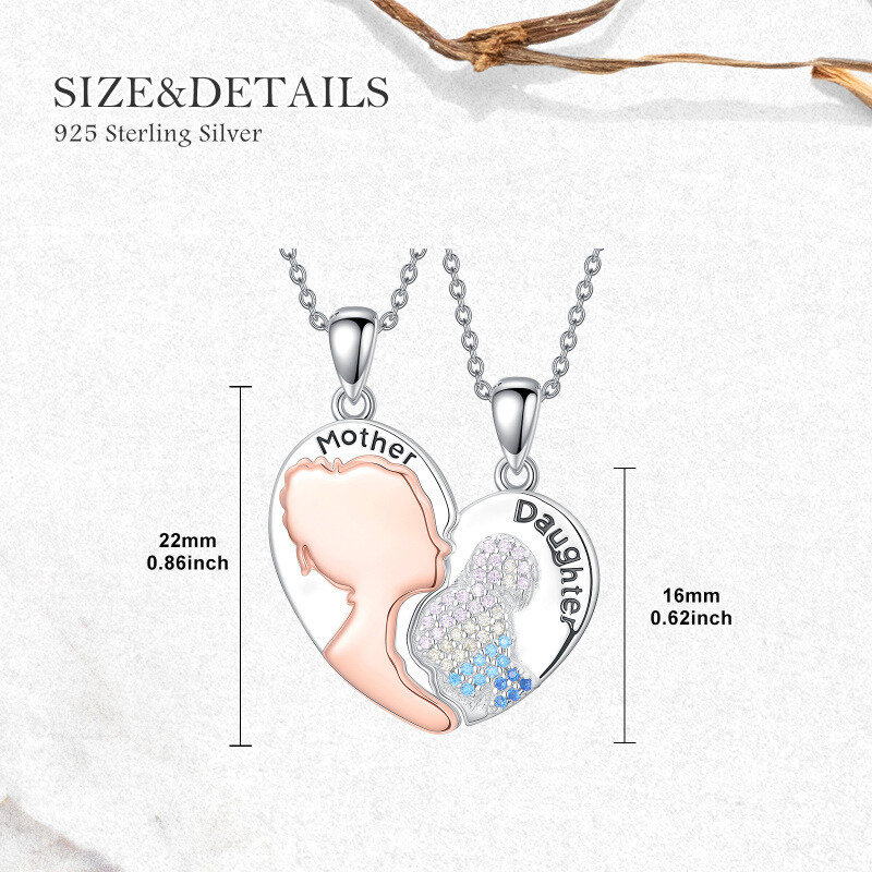 Sterling Silver Two-tone Mother & Daughter & Heart Pendant Necklace-4
