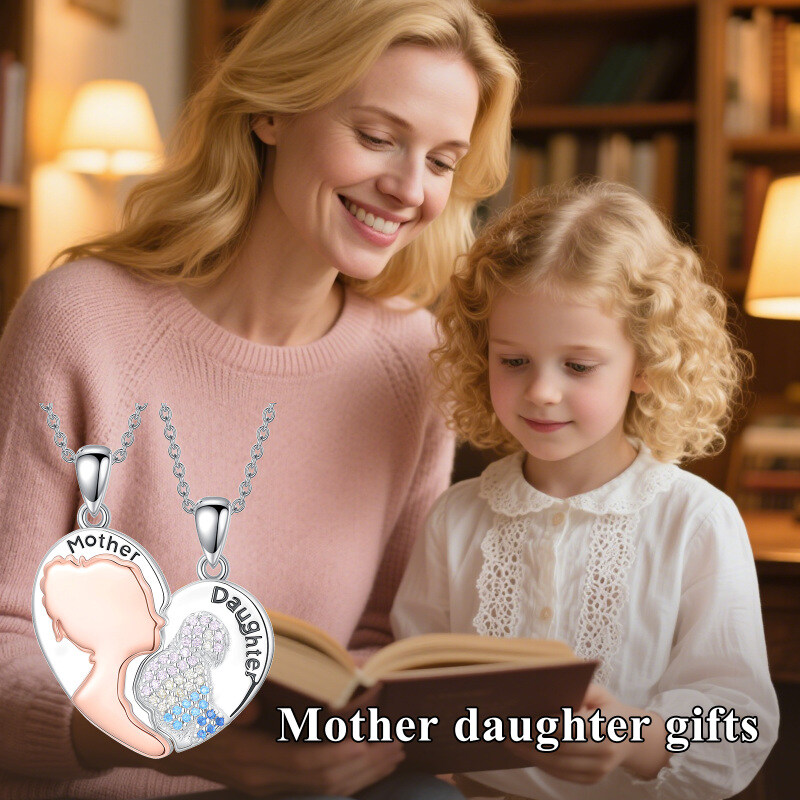 Sterling Silver Two-tone Mother & Daughter & Heart Pendant Necklace-5