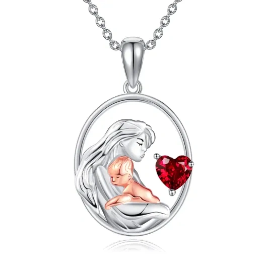 Sterling Silver Two-tone Cubic Zirconia Mother & Daughter Heart Pendant Necklace