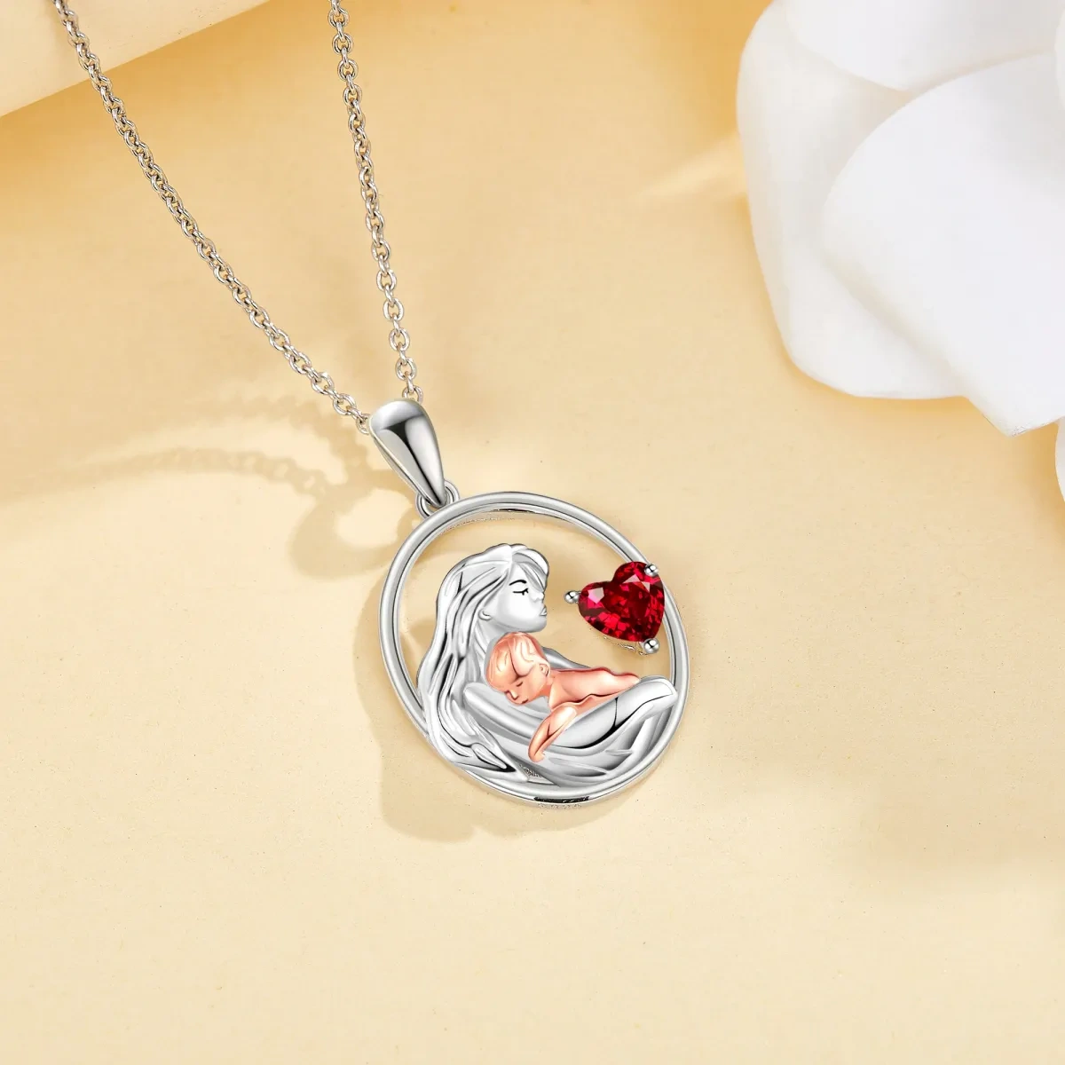 Sterling Silver Two-tone Cubic Zirconia Mother & Daughter Heart Pendant Necklace-3