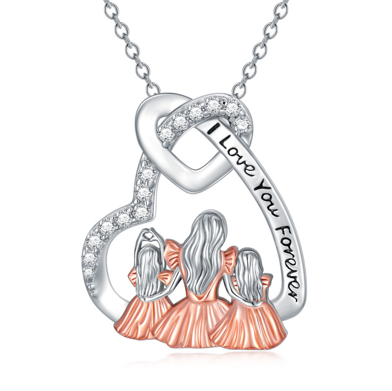 Sterling Silver Two-tone Cubic Zirconia Mother & Daughter Heart Pendant Necklace with Engraved Word-18