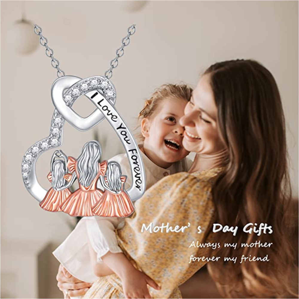 Collana con ciondolo a cuore madre e figlia in argento sterling bicolore con zirconi cubici e parola incisa-3