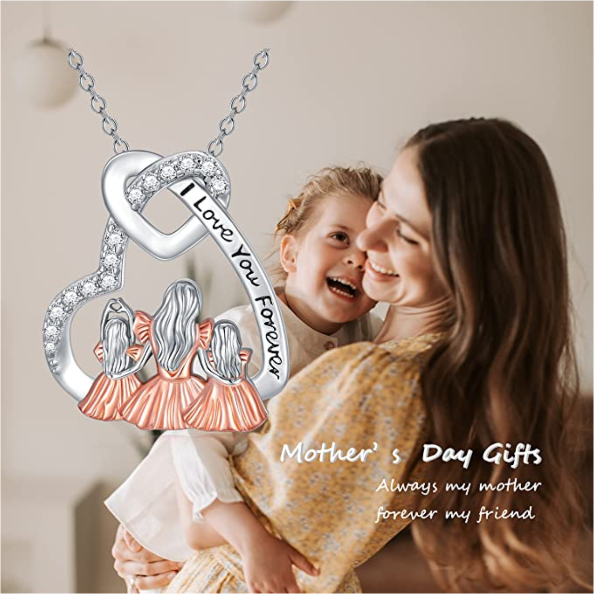 Sterling Silver Two-tone Cubic Zirconia Mother & Daughter Heart Pendant Necklace with Engraved Word-3