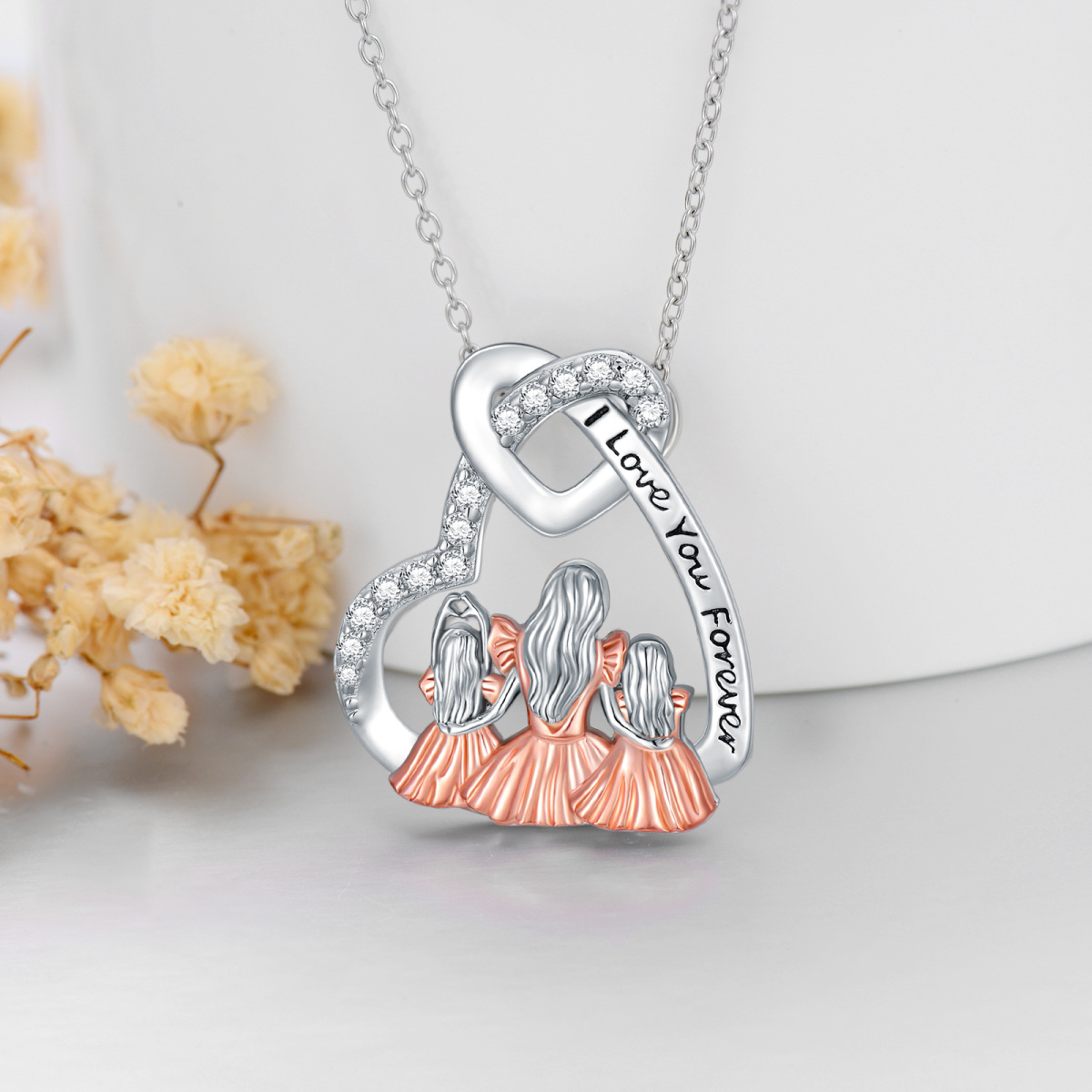 Sterling Silver Two-tone Cubic Zirconia Mother & Daughter Heart Pendant Necklace with Engraved Word-4