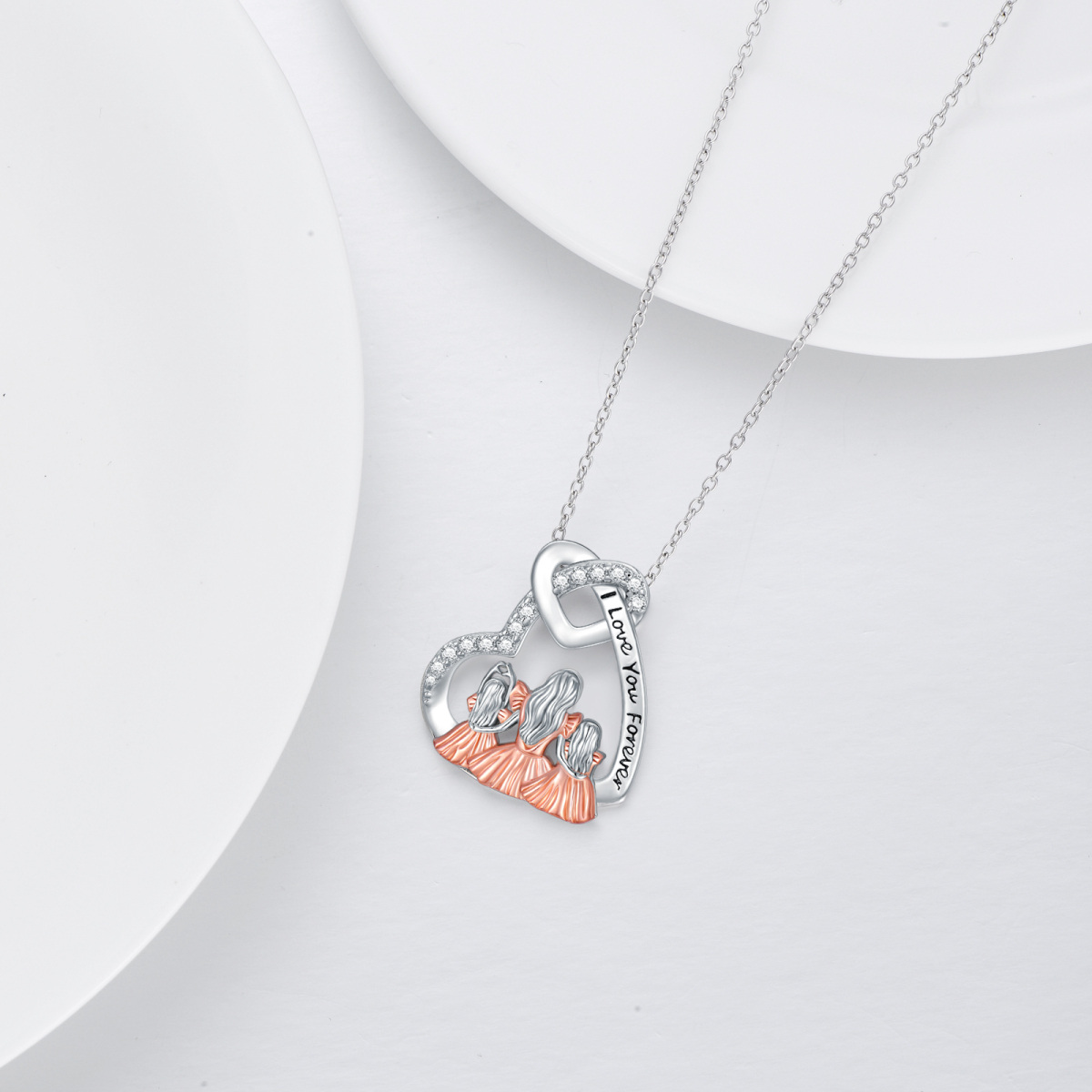 Sterling Silver Two-tone Cubic Zirconia Mother & Daughter Heart Pendant Necklace with Engraved Word-5