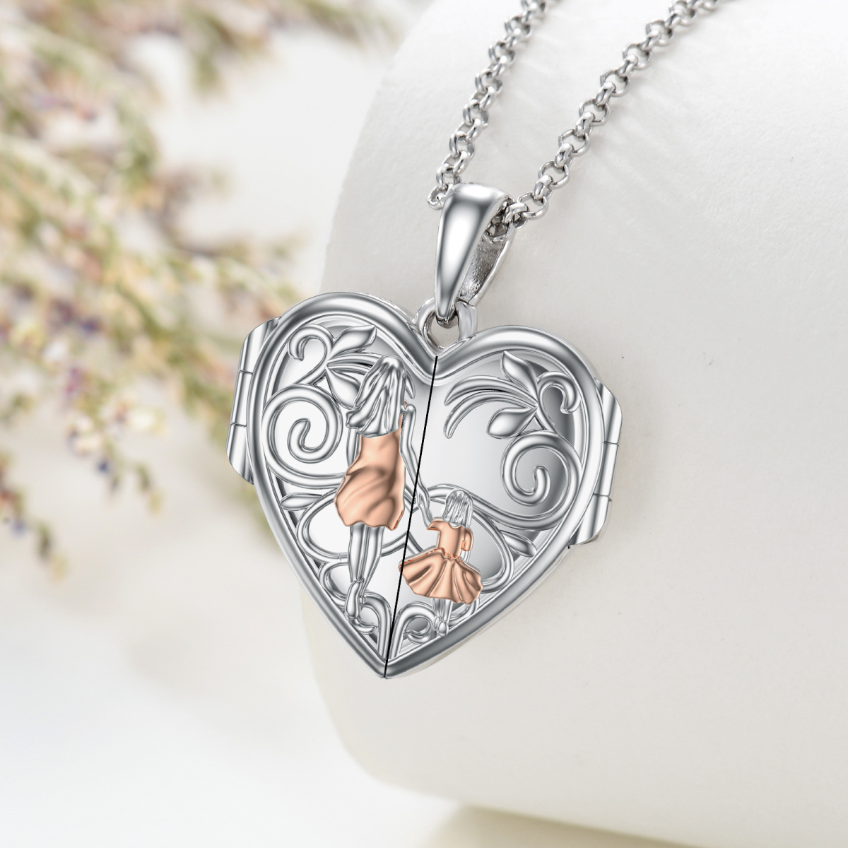 Sterling Silver Two-tone Mother & Daughter Heart Personalized Photo Locket Necklace-4