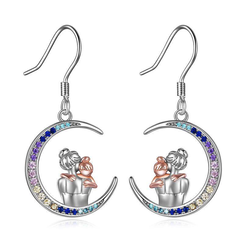 Sterling Silver Two-Tone Moon Cubic Zirconia Mother & Daughter Drop Earrings For Women-1