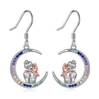 Sterling Silver Two-Tone Moon Cubic Zirconia Mother & Daughter Drop Earrings For Women-5