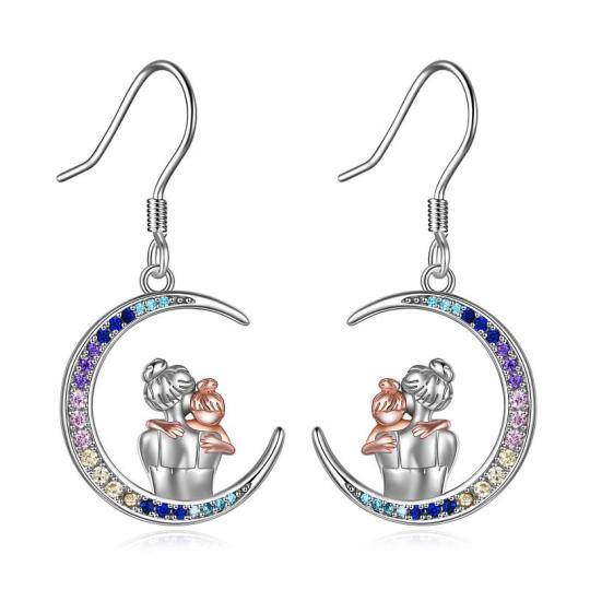 Sterling Silver Two-Tone Moon Cubic Zirconia Mother & Daughter Drop Earrings For Women