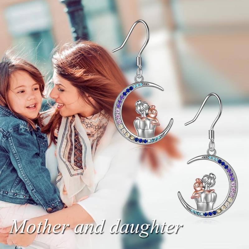 Sterling Silver Two-Tone Moon Cubic Zirconia Mother & Daughter Drop Earrings For Women-3