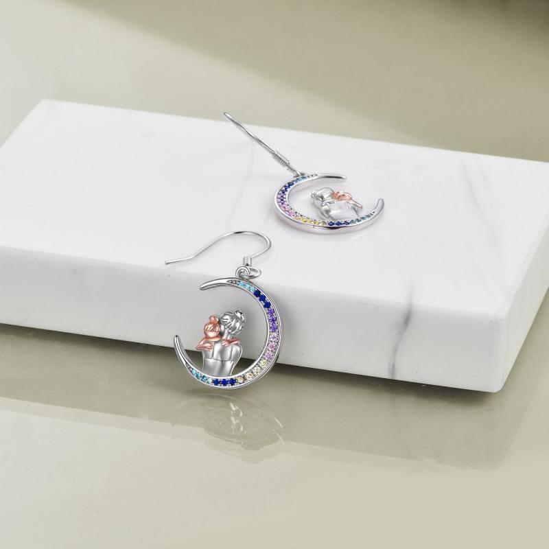 Sterling Silver Two-Tone Moon Cubic Zirconia Mother & Daughter Drop Earrings For Women-4