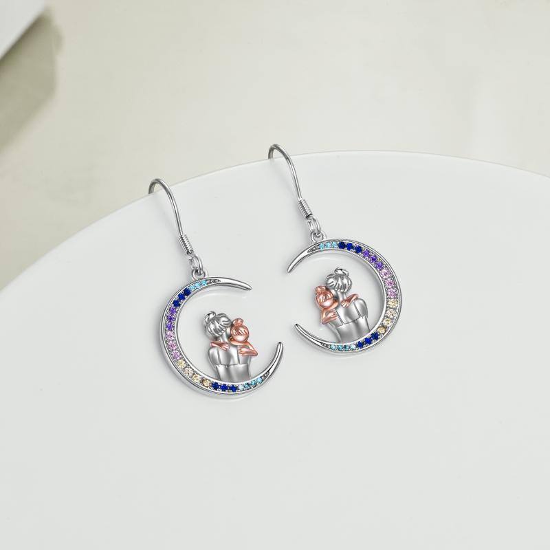 Sterling Silver Two-Tone Moon Cubic Zirconia Mother & Daughter Drop Earrings For Women-5