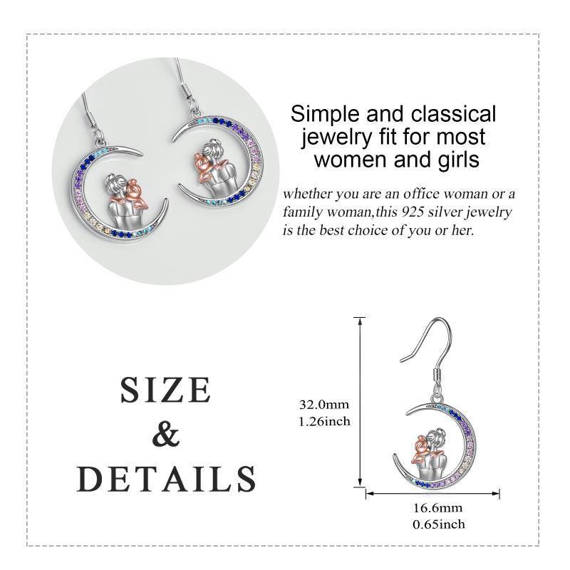 Sterling Silver Two-Tone Moon Cubic Zirconia Mother & Daughter Drop Earrings For Women-6