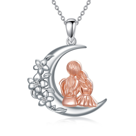 Sterling Silver Two-tone Mother & Daughter & Moon Pendant Necklace