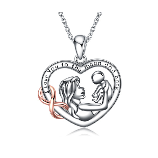 Sterling Silver Two-tone Mother Heart Pendant Necklace with Engraved Word