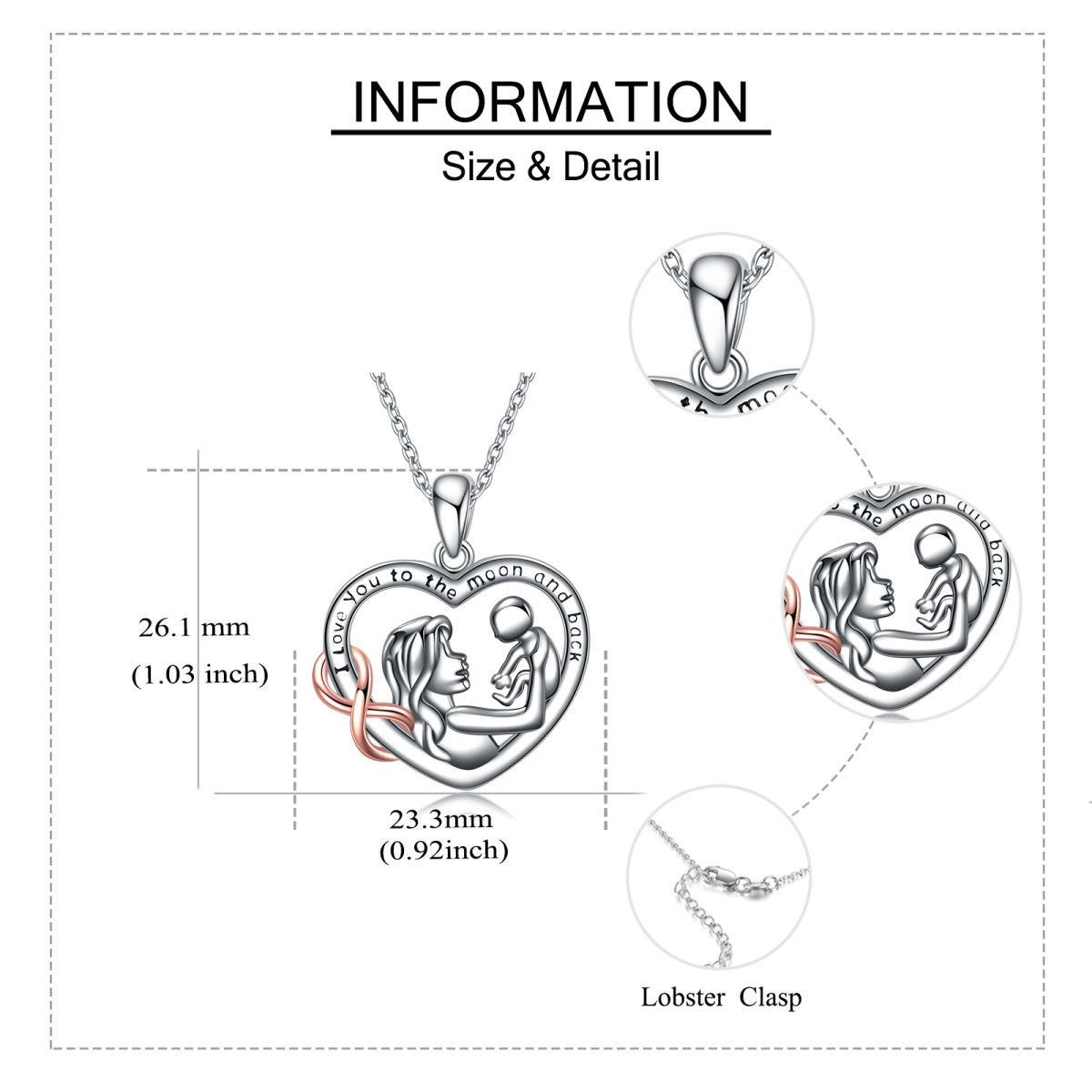 Sterling Silver Two-tone Mother Heart Pendant Necklace with Engraved Word-5