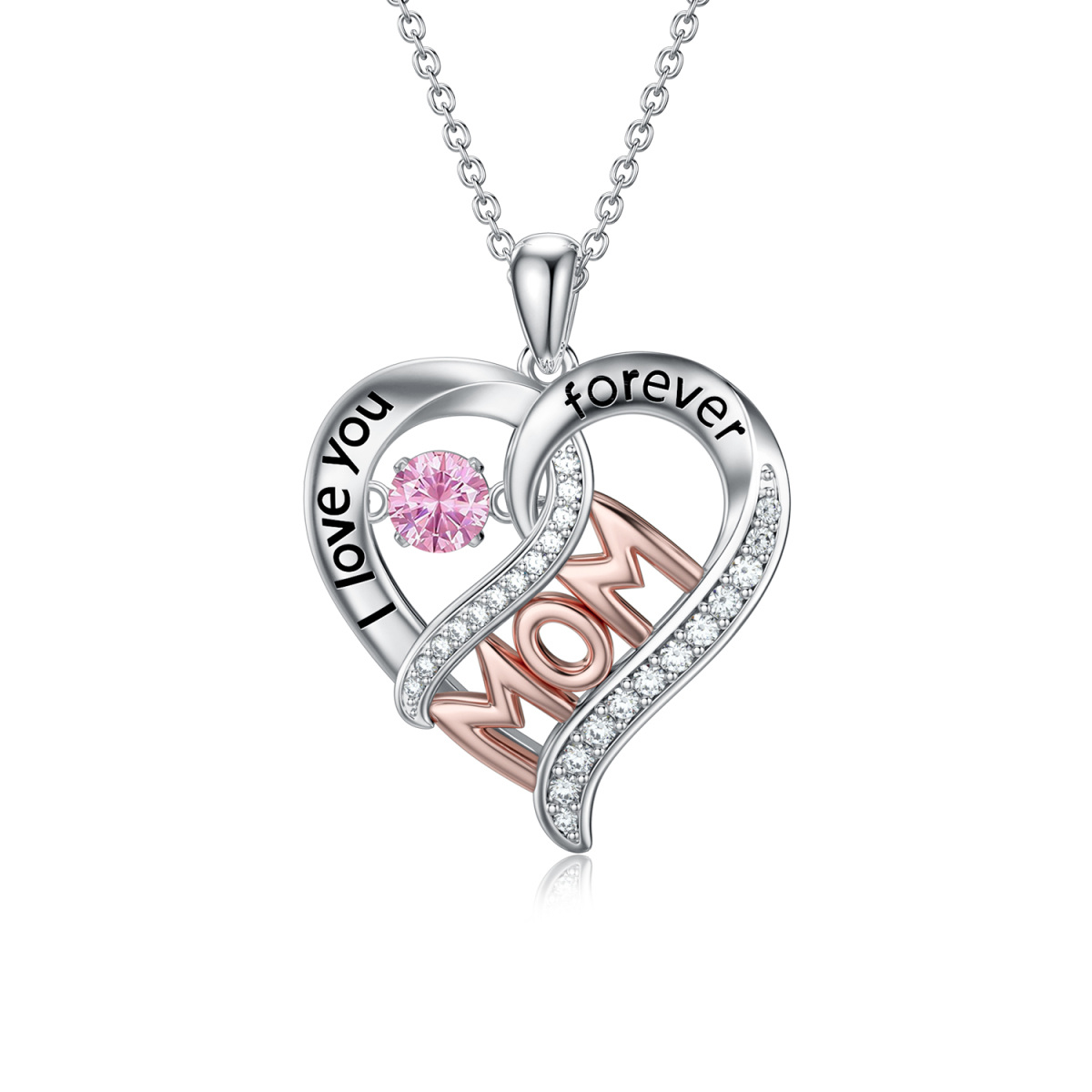 Sterling Silver Two-tone Cubic Zirconia Mother Pendant Necklace with Engraved Word-1