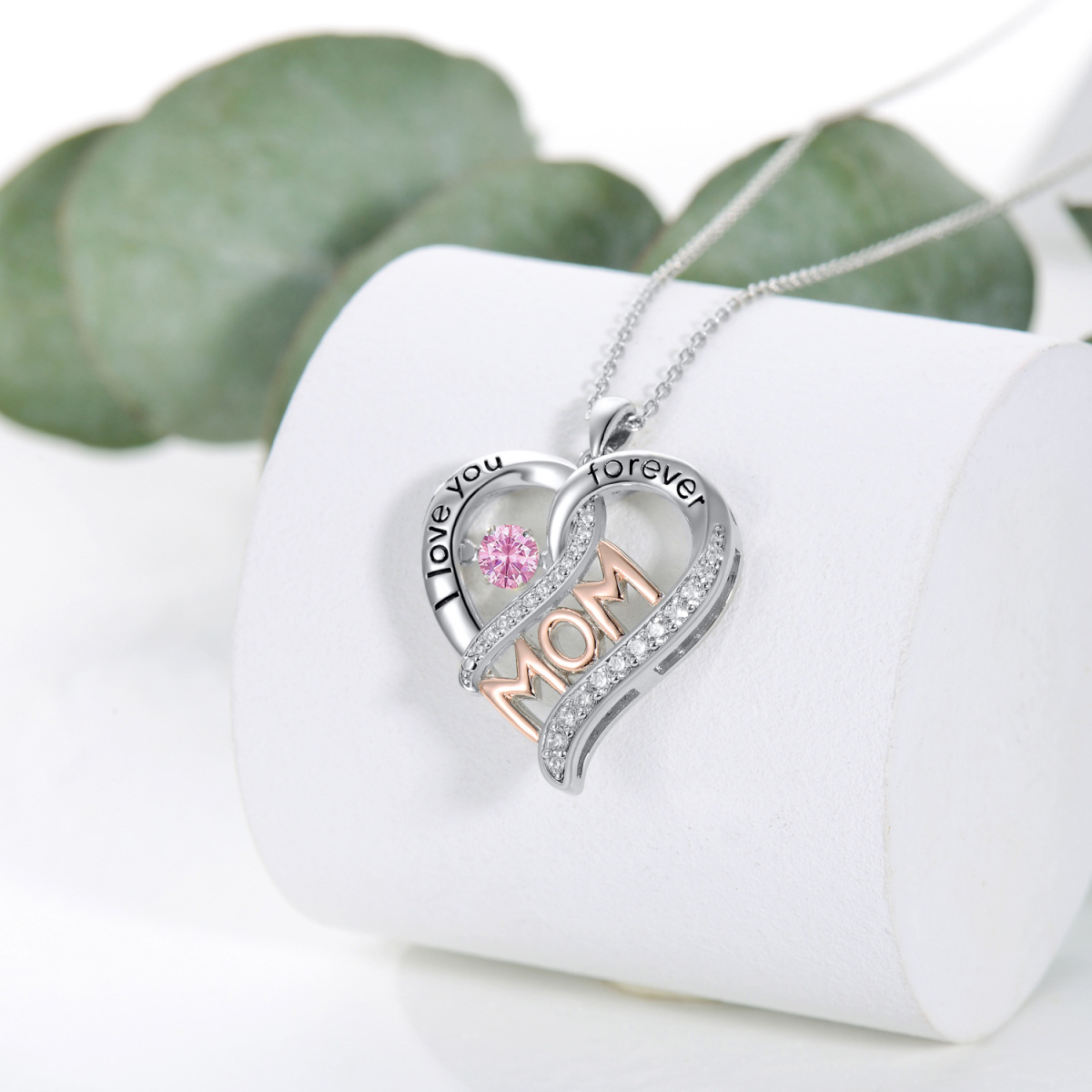 Sterling Silver Two-tone Cubic Zirconia Mother Pendant Necklace with Engraved Word-3