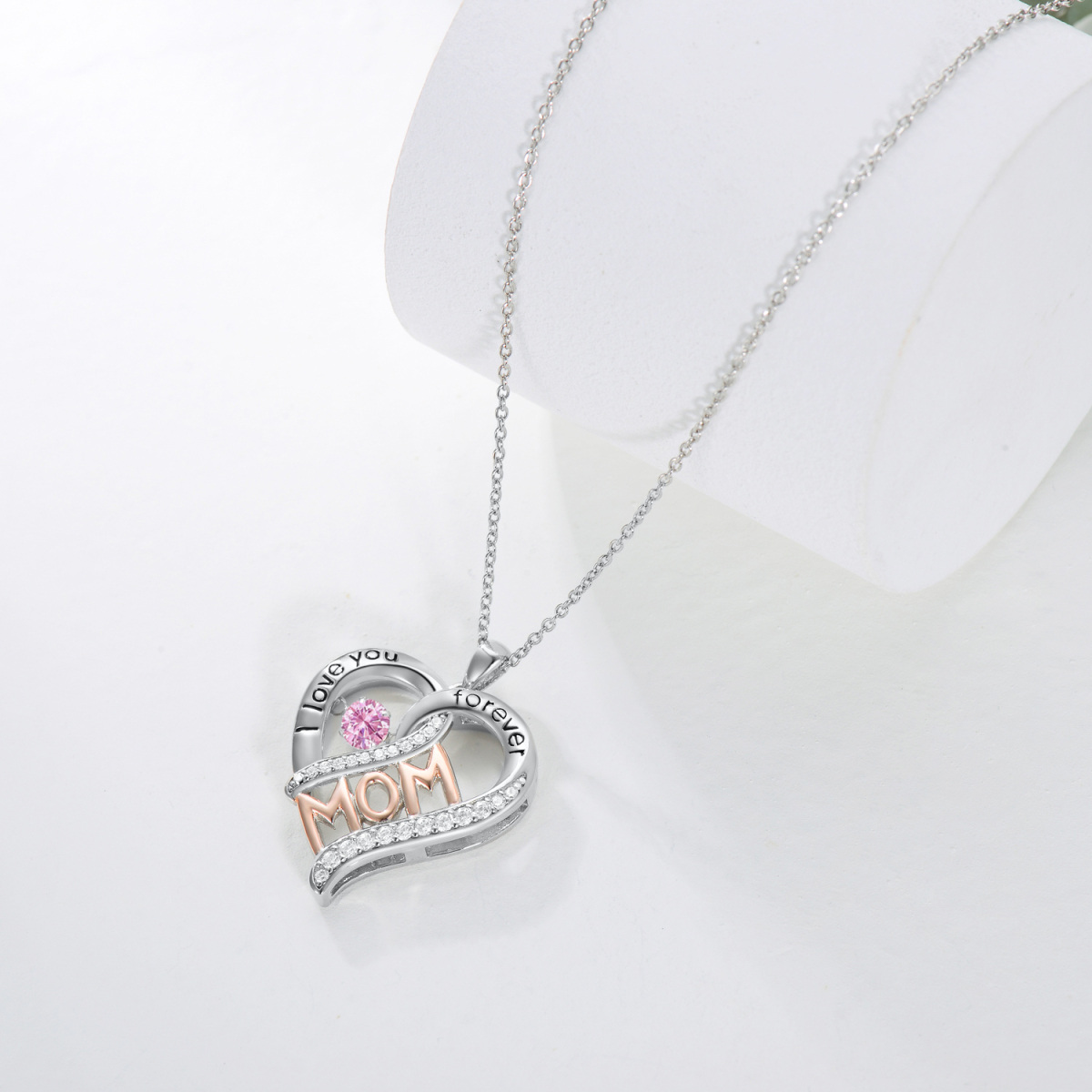 Sterling Silver Two-tone Cubic Zirconia Mother Pendant Necklace with Engraved Word-4