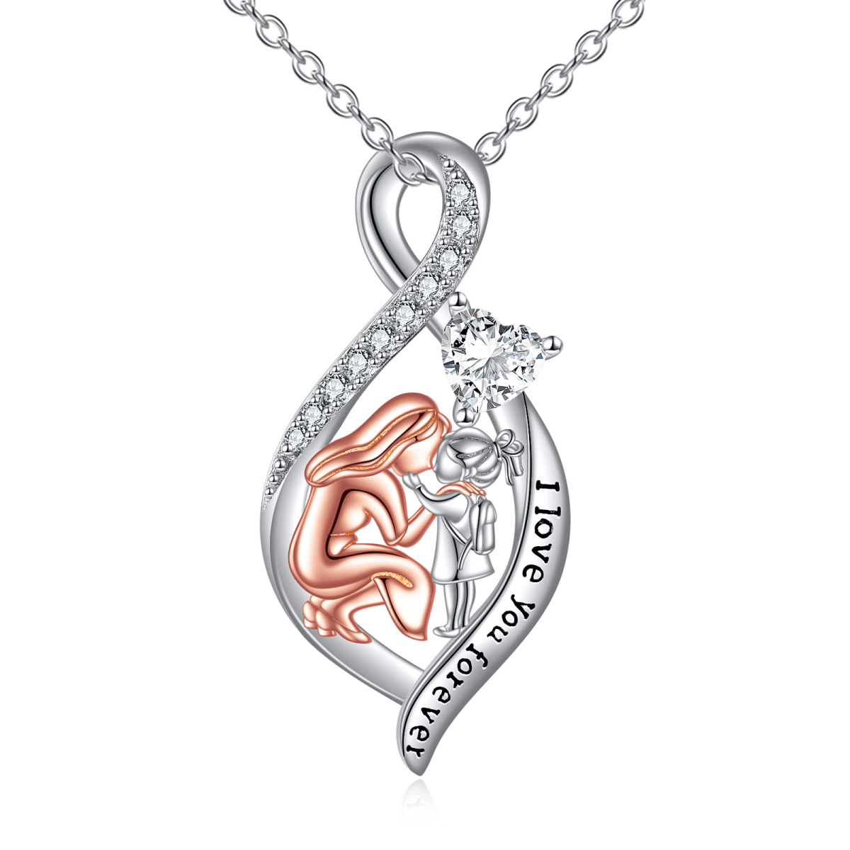 Collana con ciondolo madre in argento sterling bicolore con zirconia cubica e parola incisa-1