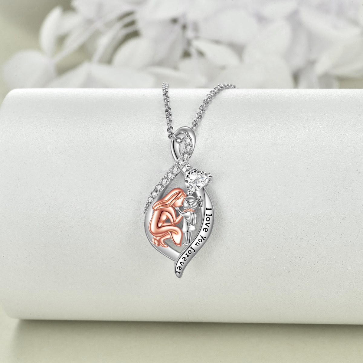 Sterling Silver Two-tone Cubic Zirconia Mother Pendant Necklace with Engraved Word-3