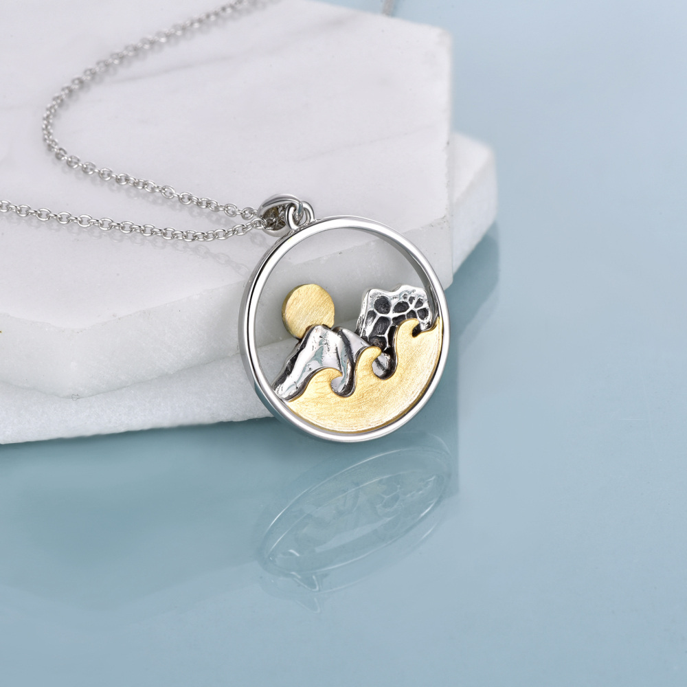 Sterling Silver Two-tone Mountains & Spray Pendant Necklace-4