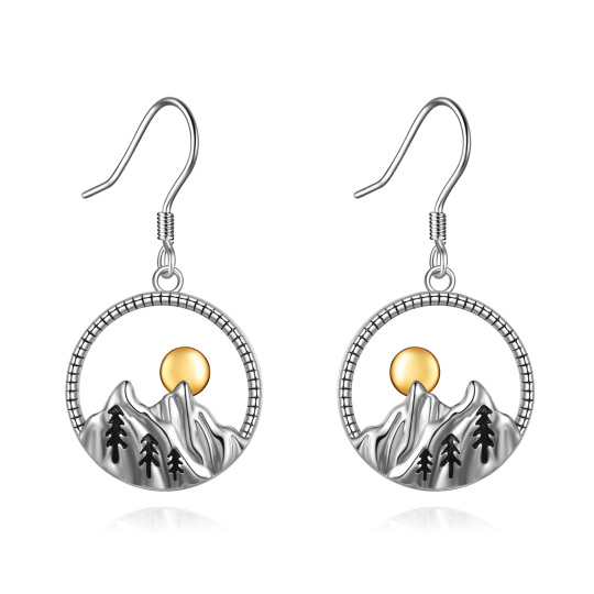 Boucles d'oreilles pendantes en argent sterling bicolore montagnes et soleil-1