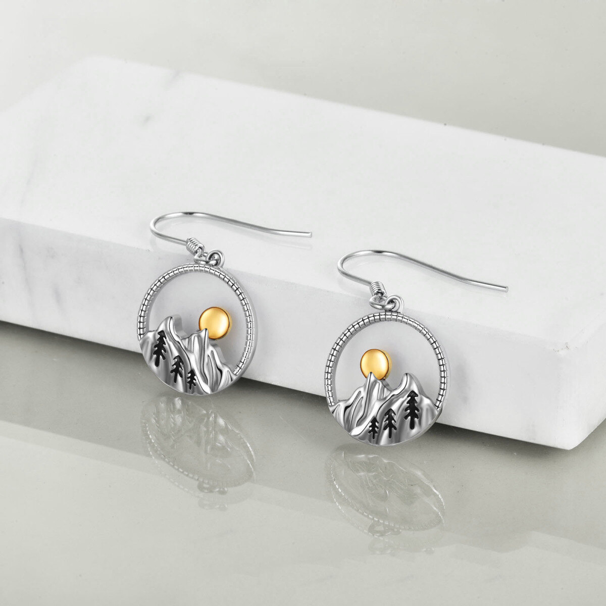 Boucles d'oreilles pendantes en argent sterling bicolore montagnes et soleil-3