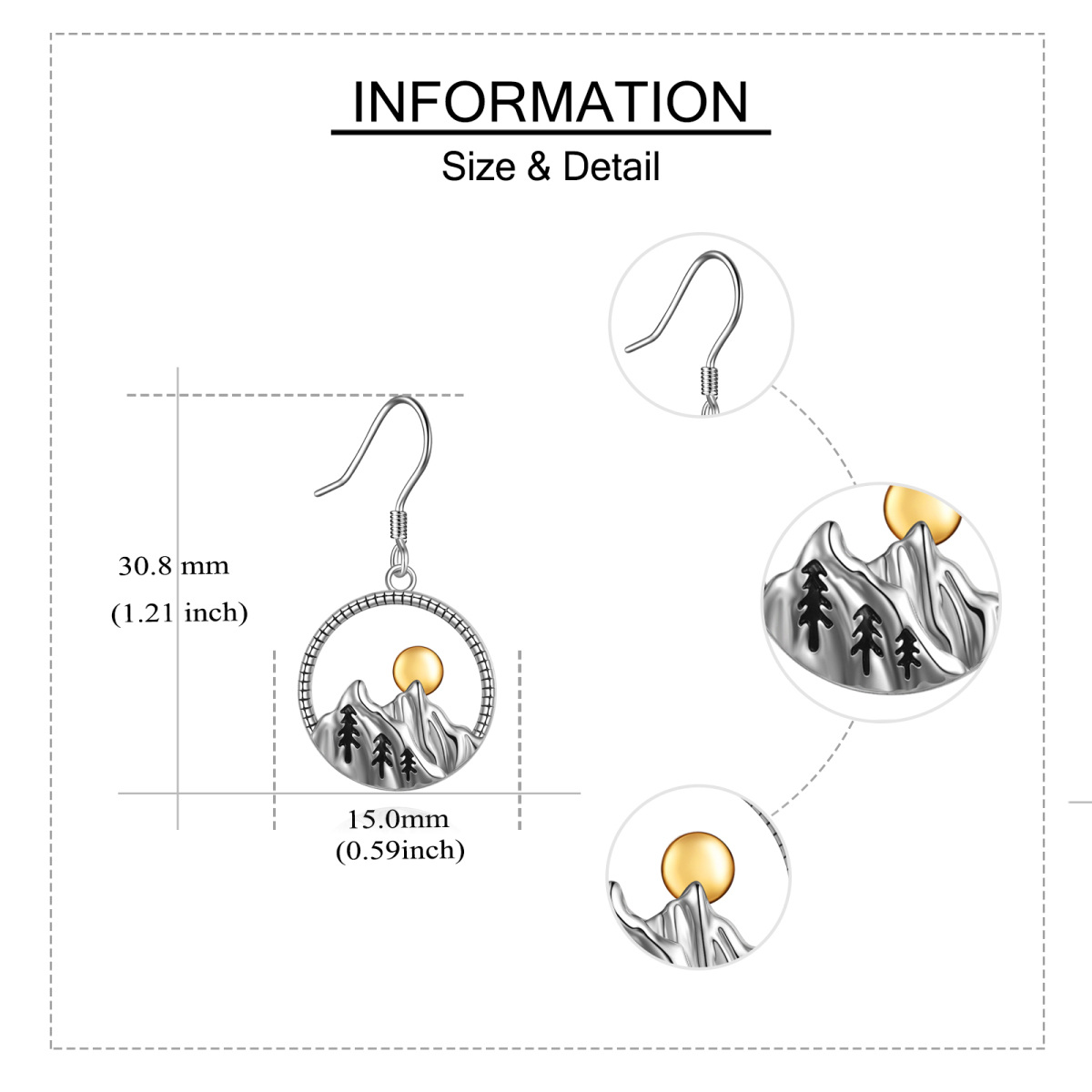 Pendientes de plata de ley bicolor Montañas y Sol-5