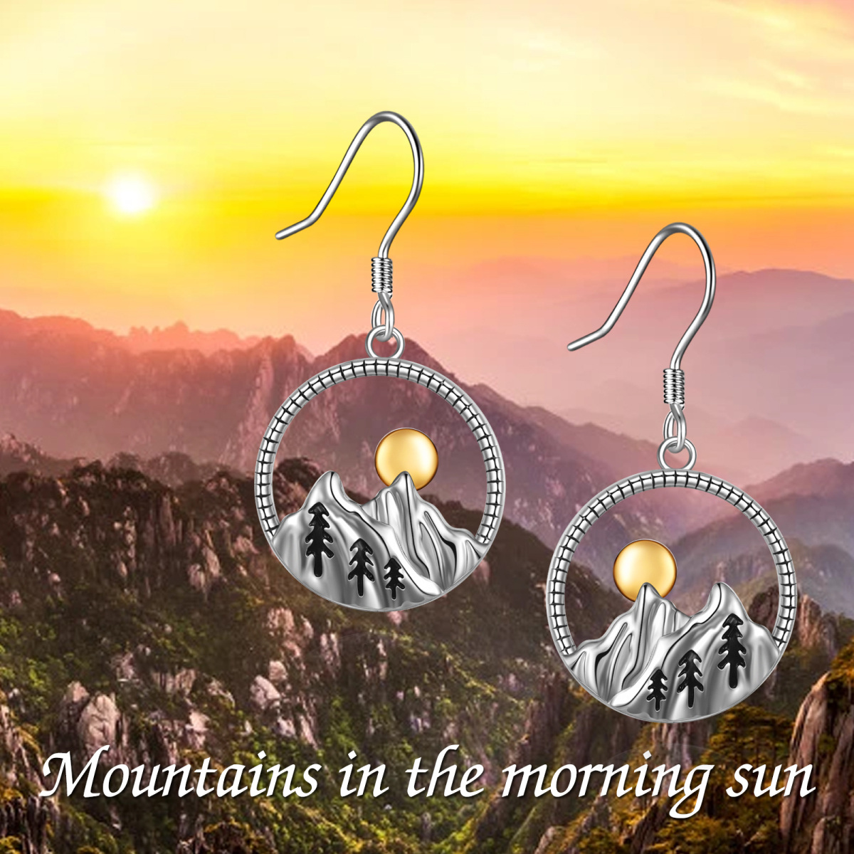 Orecchini a goccia in argento 925 bicolore con montagne e sole-6