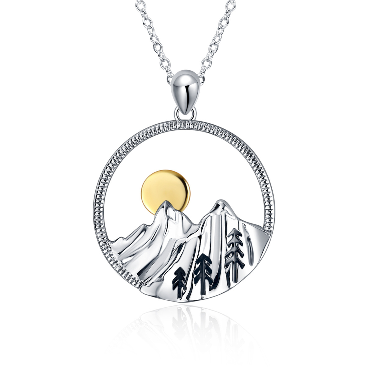 Sterling Silver Two-tone Mountains & Sun Pendant Necklace-1