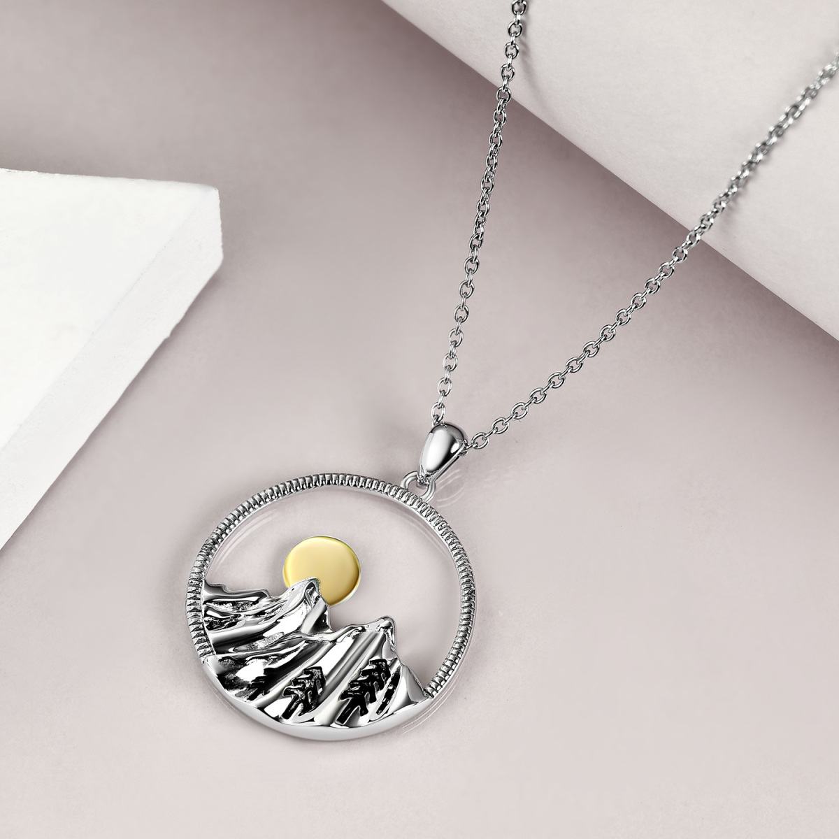 Sterling Silver Two-tone Mountains & Sun Pendant Necklace-3