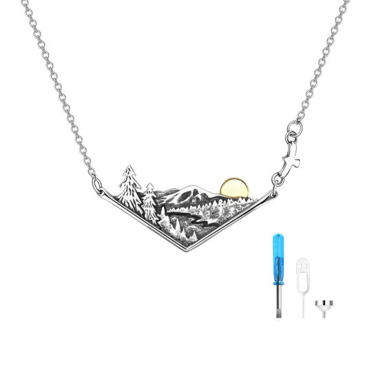 Collana di urne in argento sterling bicolore con montagne e sole per le ceneri