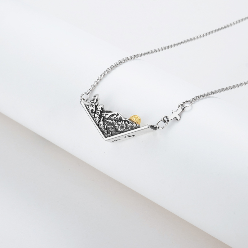 Colar de urna para cinzas em prata esterlina com dois tons de montanhas e sol-4