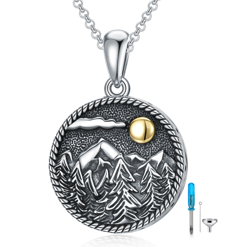 Collier d'urne pour cendres en argent sterling bicolore Montagnes. Arbre et Soleil-1