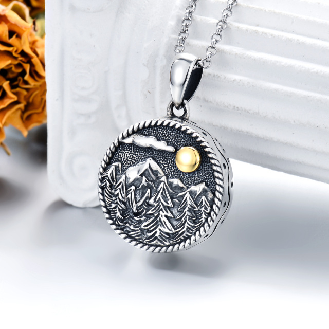 Collier d'urne pour cendres en argent sterling bicolore Montagnes. Arbre et Soleil-3