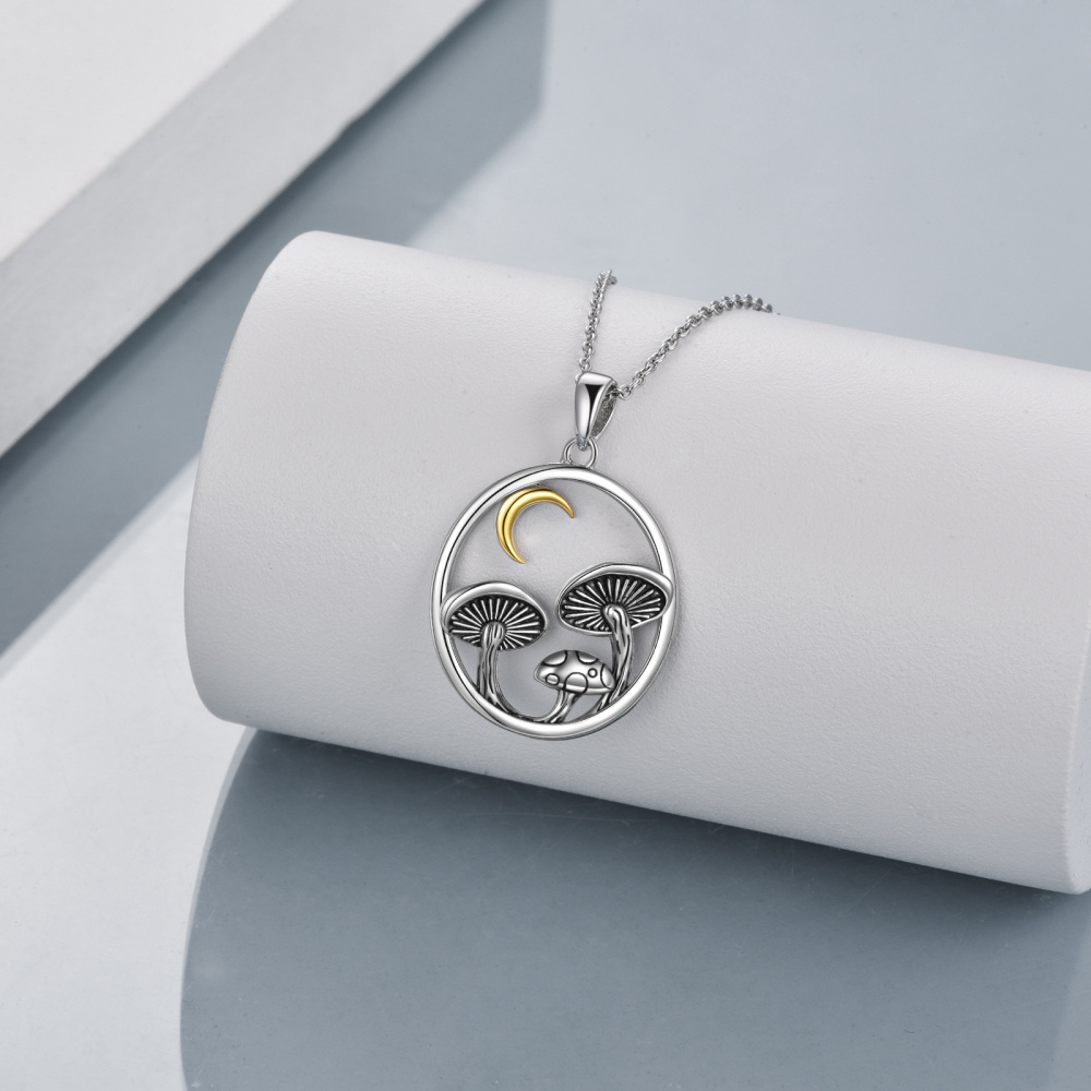 Sterling Silver Two-tone Mushroom & Moon Pendant Necklace-3