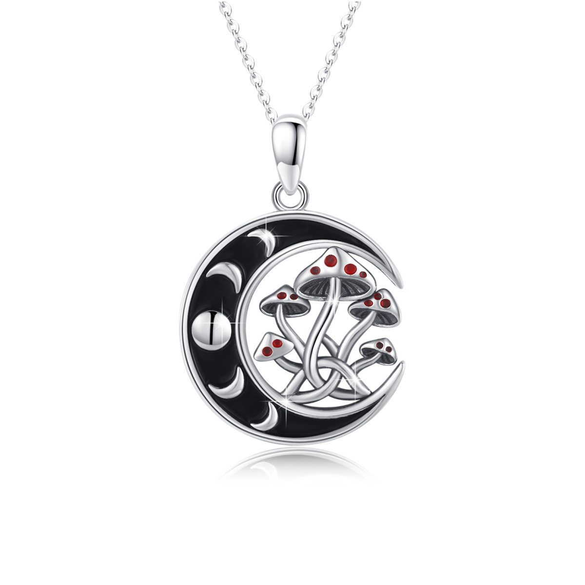 Collier en argent sterling avec pendentif champignon et phase de lune bicolore-1