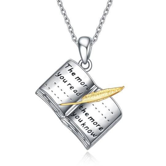 Collier en argent sterling à pendentif carnet de notes bicolore avec mot gravé