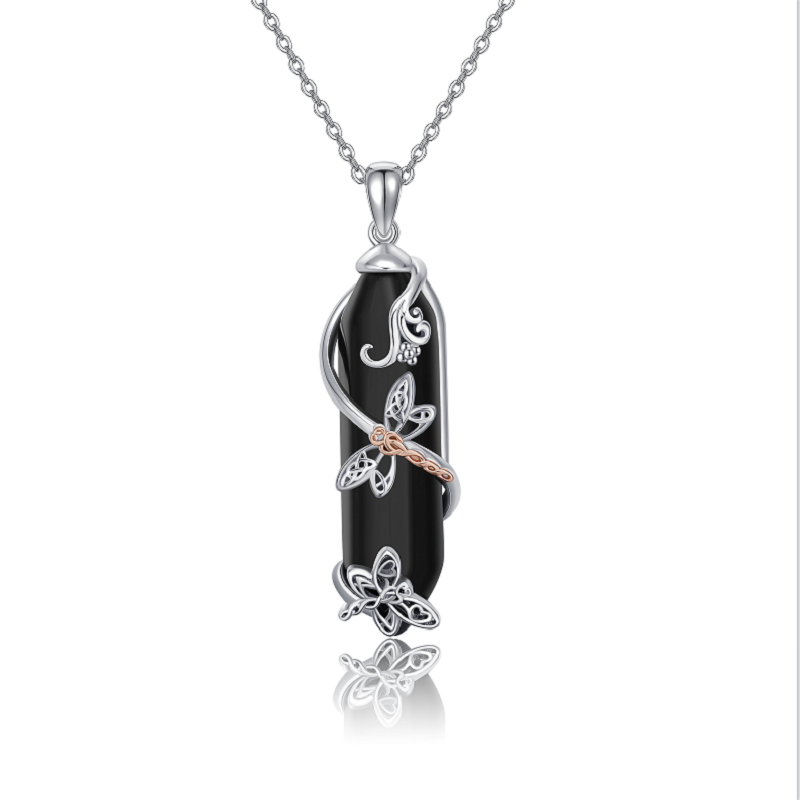 Collier en argent sterling avec pendentif libellule en obsidienne bicolore-1