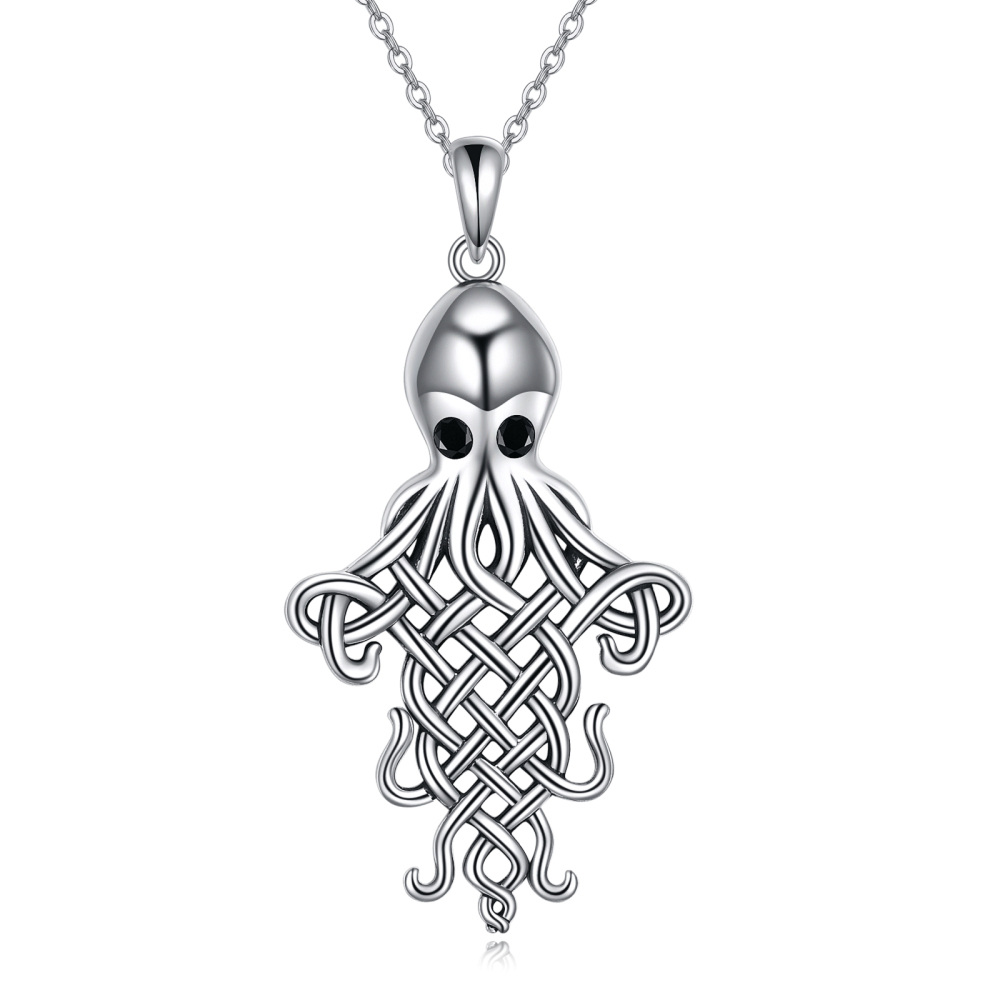 Sterling Silver Two-tone Cubic Zirconia Octopus & Celtic Knot Pendant Necklace-1