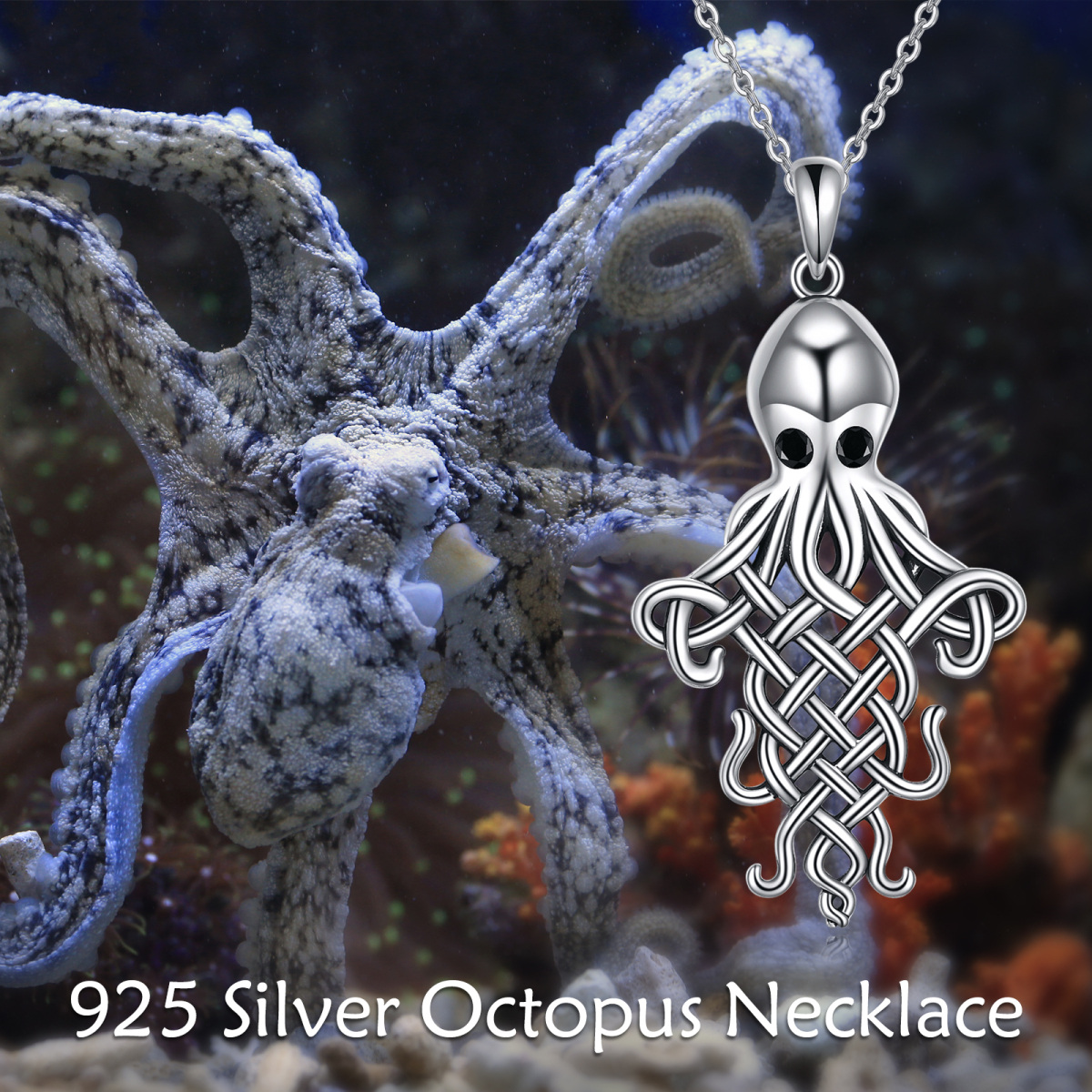 Sterling zilveren tweekleurige Cubic Zirconia Octopus & Keltische knoop hanger ketting-5