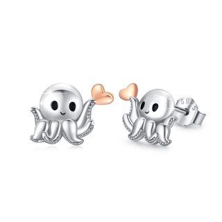 Sterling Silver Two-tone Octopus & Heart Stud Earrings-18