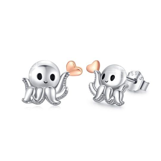 Sterling Silver Two-tone Octopus & Heart Stud Earrings