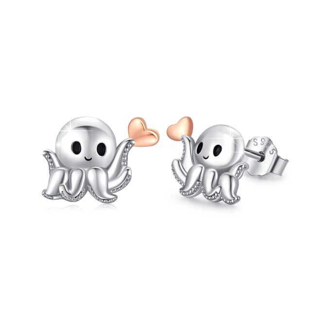 Sterling Silver Two-tone Octopus & Heart Stud Earrings-5